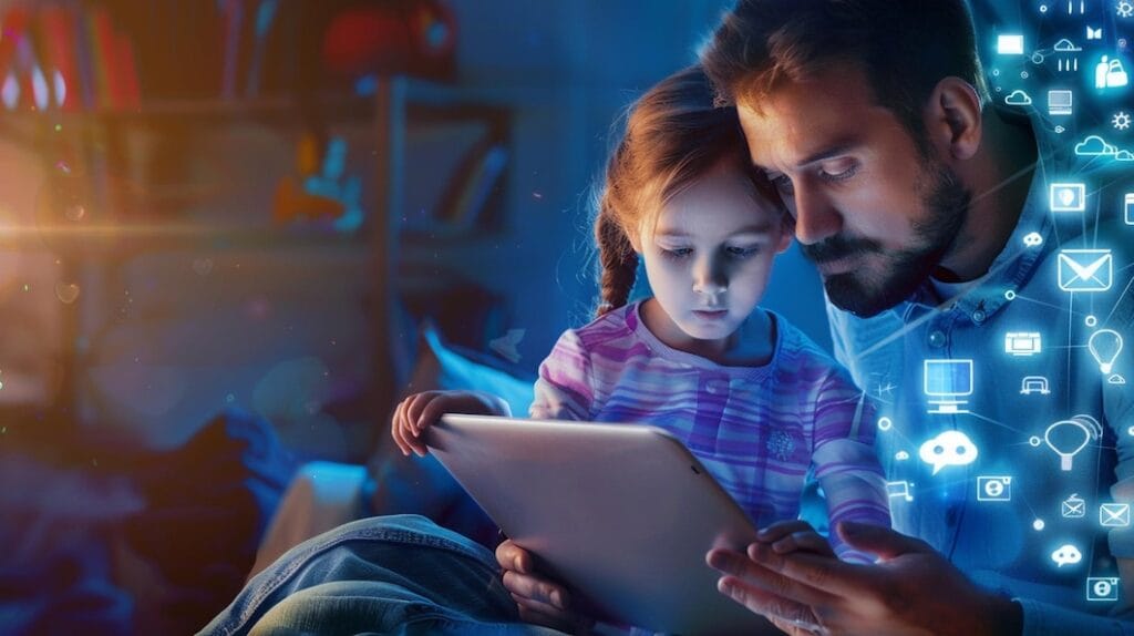 parent and child sit side by side engaged in a digital activity together